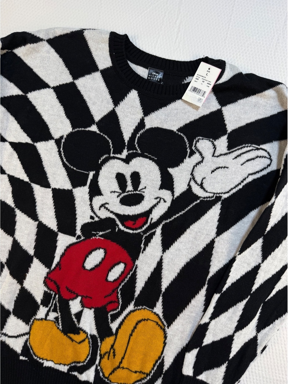 Disney Mickey Mouse Womens L Checkerboard Knit Sweater Black White New